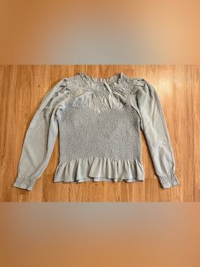EUC Women’s Anthropologie Balloon-Sleeve Smocked Peplum Blouse Sage Green Large